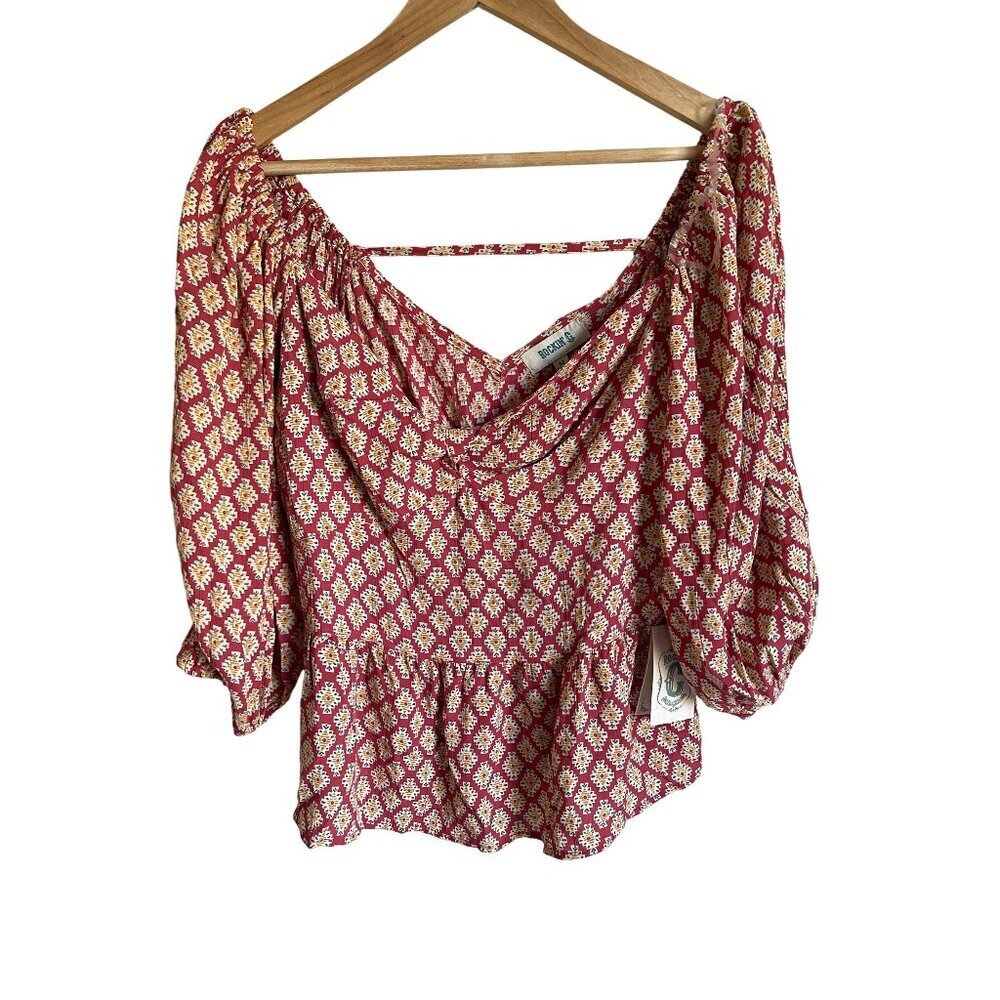 New! Rockin' G Tribal Aztec Geometric Southwestern Peasant Top Sweetheart Smocki